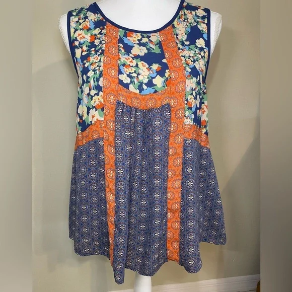 Floral Flowy Romantic Patchwork Sleeveless Day to Night Navy Orange Medium - Picture 2 of 9